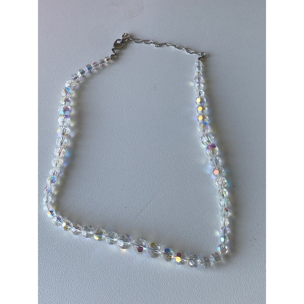 Vtg Swarovski‎ Crystal Aurora Borealis Faceted Bead Necklace Swan Logo Authentic